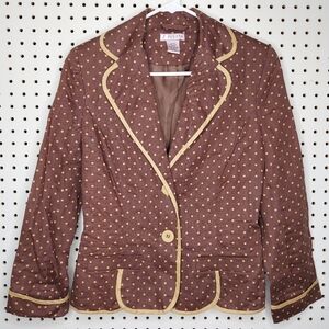 2-Friends Linen Blazer Jacket Button Collar Brown Polka Dot Tan Contrast Trim 4